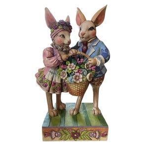 Jim Shore Easter Bunny Couple Holding Basket of Flowers Happy Together 4007543